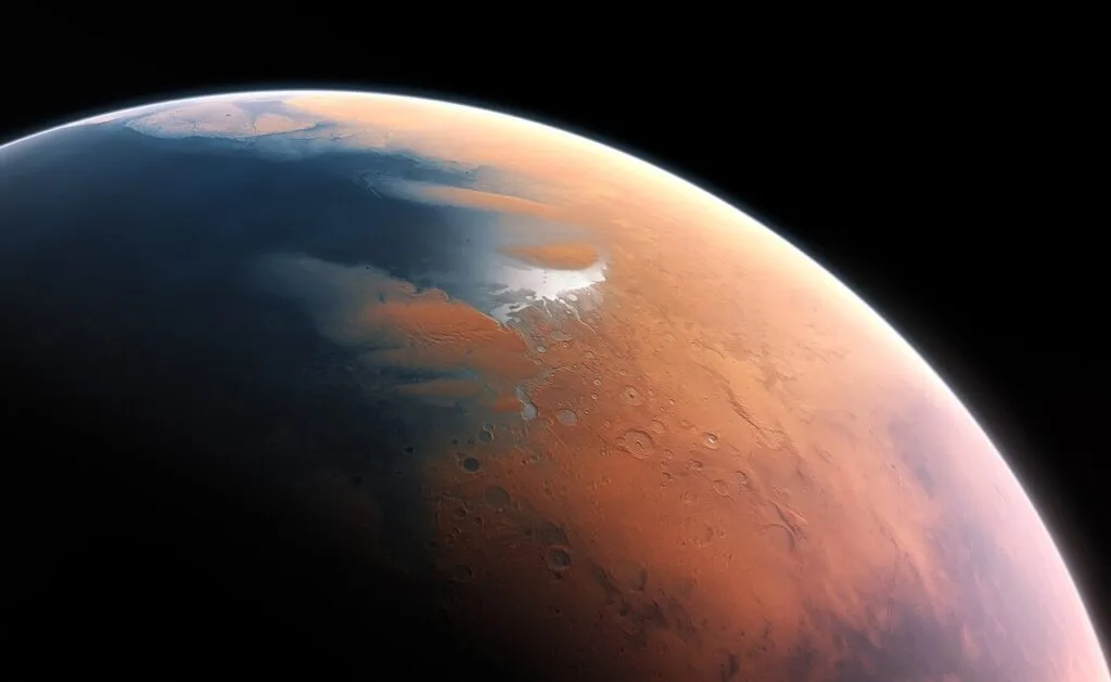 Vue d'artiste de la jeune planète Mars, couverte d'un immense océan.