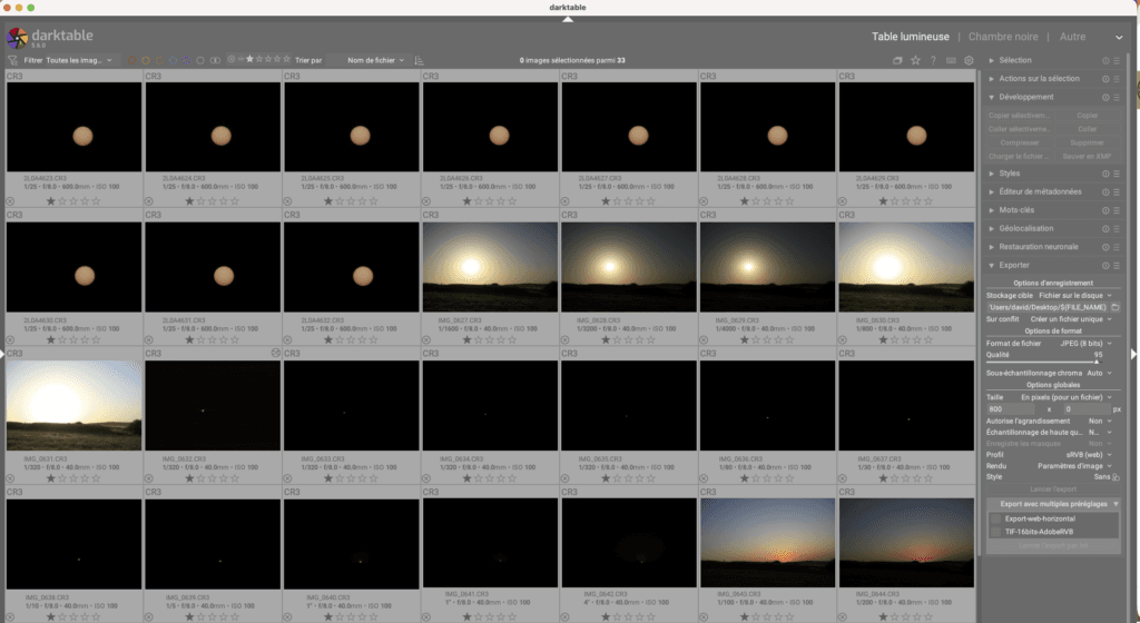 Tri des photos préparatoire à l'éclipse avec darktable
