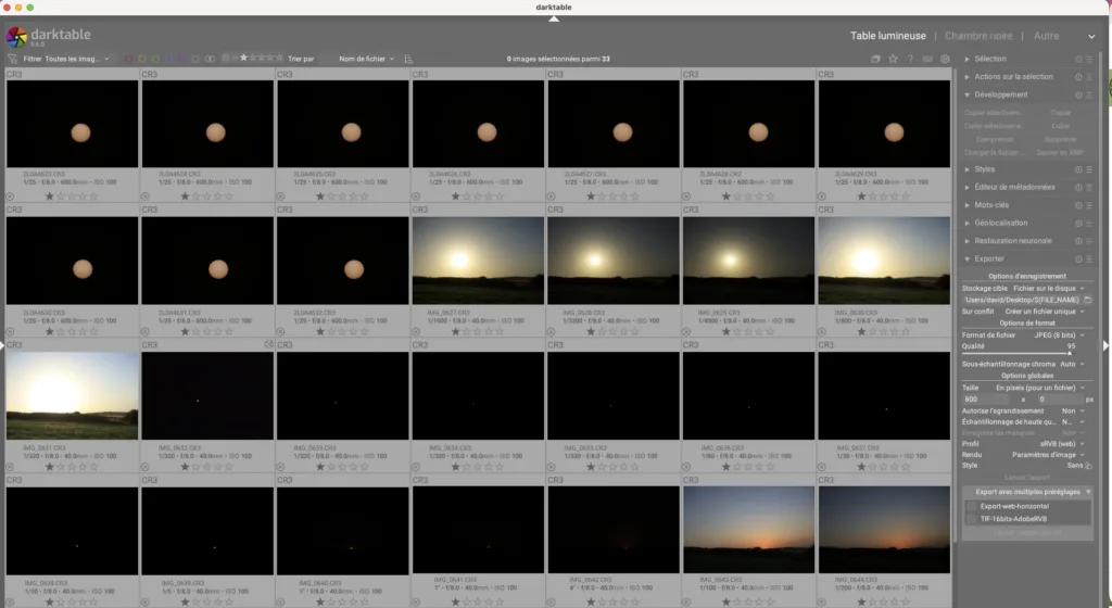 Mes tests avant l'éclipse à différentes focales, avec et sans filtre pour le grand-angle.