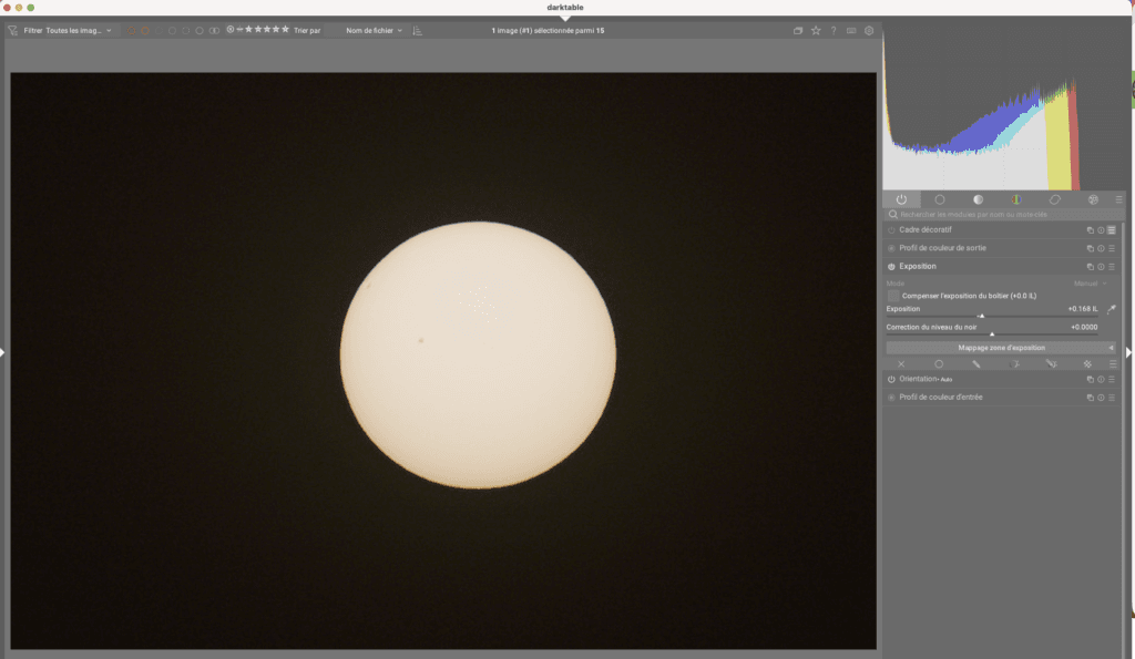 Soleil et histogramme sous darktable